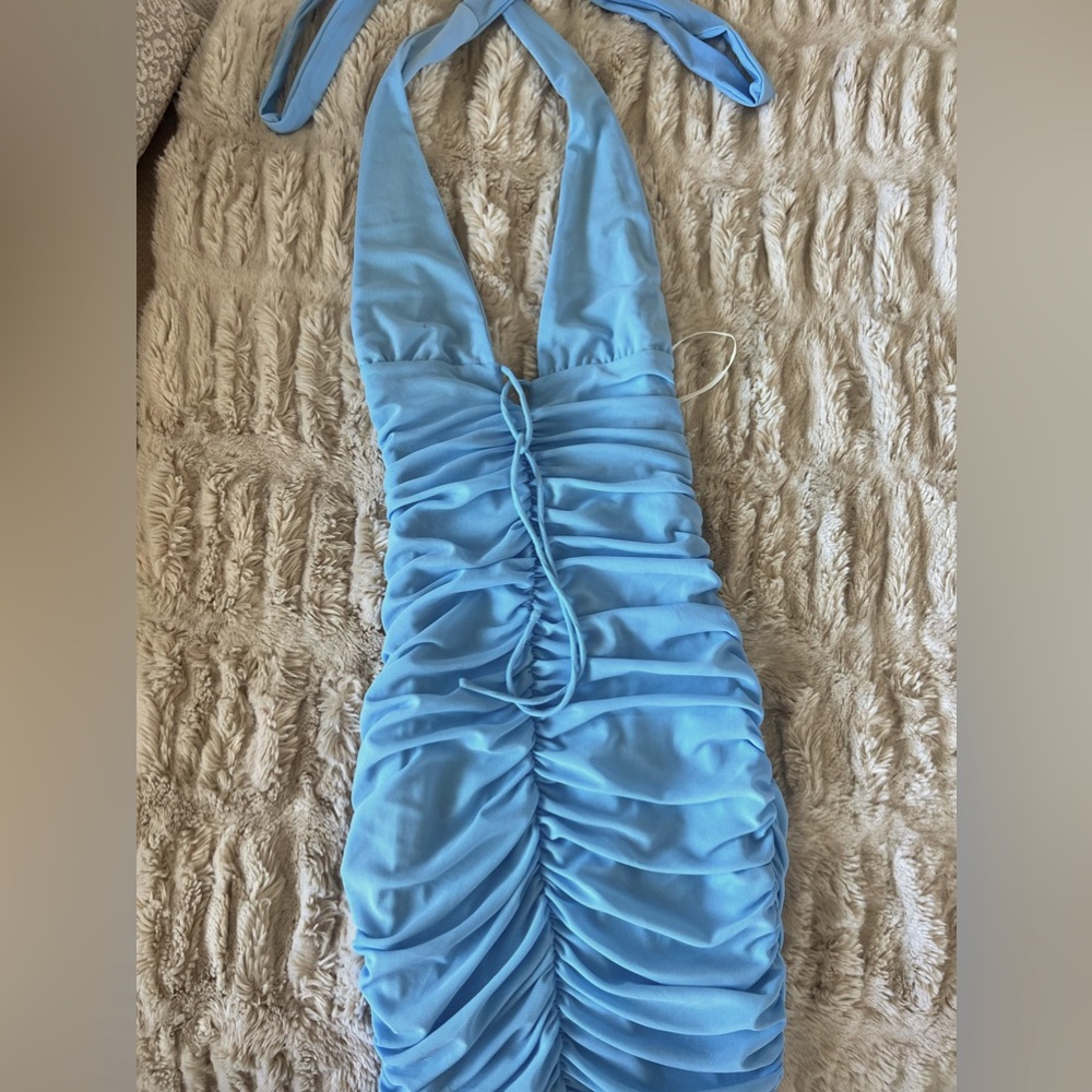 Blue halter neck bodycon dress